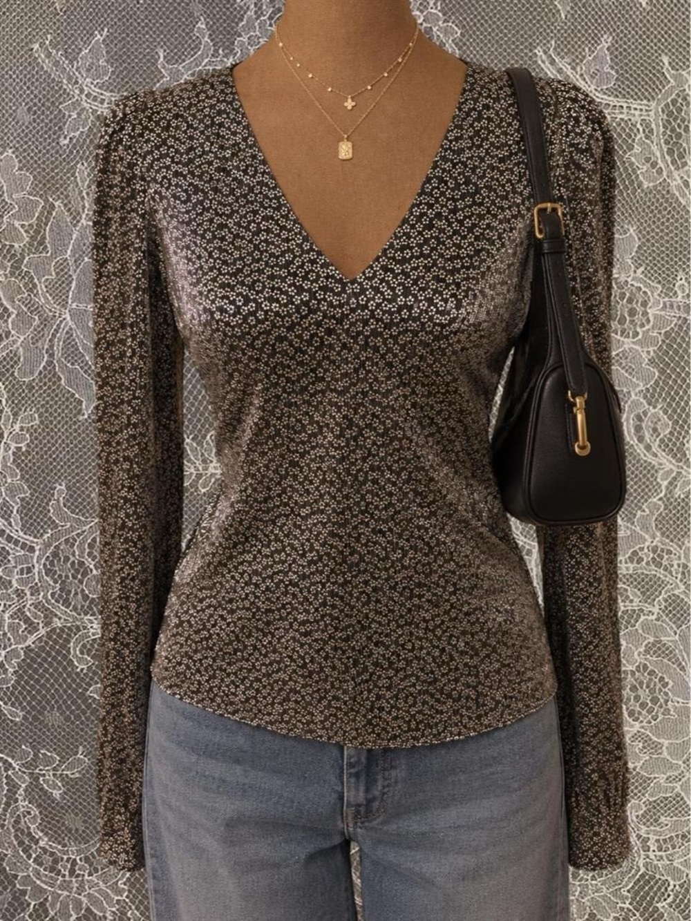 1.State Metallic Shimmer V-Neck Blouse Black Silver Puff Sleeve Size XS